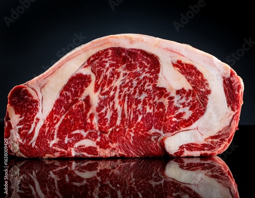 close up of a raw dry aged wagyu porterhouse beef block with marbled red and white textures on a dark surface against a black background