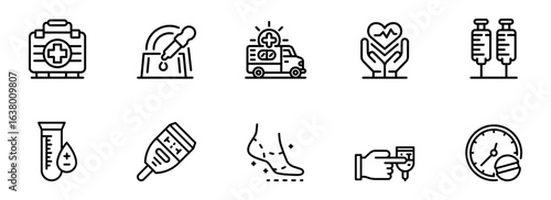 Modern Healthcare Line Icons: Medical Kit, Blood Test, Ambulance, Heart Rate, Syringes, Thermometer, Foot Injury, Blood Glucose Meter, and Medication Timer; Clean, Minimalist Style.