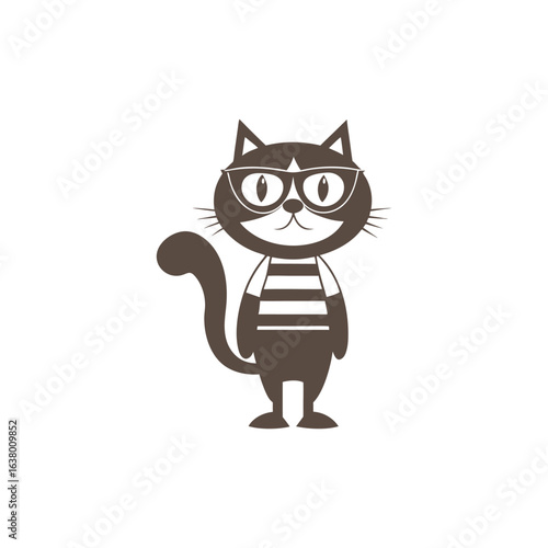 Cartoon Cat Wearing Glasses and Striped Shirt on White Background kitten animal