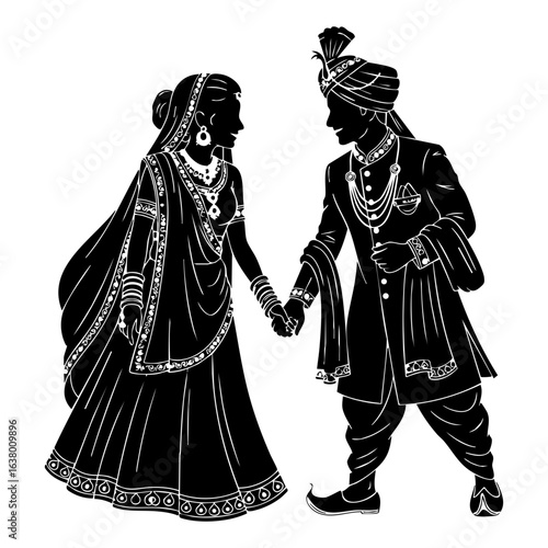 Minimal Hindu Wedding Couple Gazing Holding Hands Vector Illustration