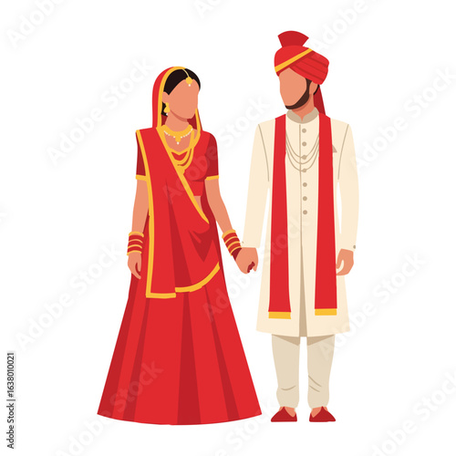 Minimal Hindu Wedding Couple Gazing Holding Hands Vector Illustration