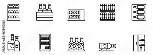 Line art icons: Beverage storage solutions; wine racks, bottle displays, mini-fridges, and barrel storage; minimalist black and white design; commercial use.