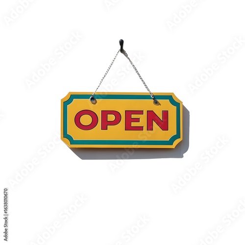 Yellow Open Sign Hanging on White Background with Shadow
