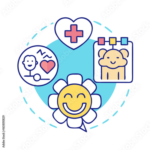 Mental health care with smile face and medical icons, positive support, doctor consultation, and wellness services for emotional and psychological ... See More