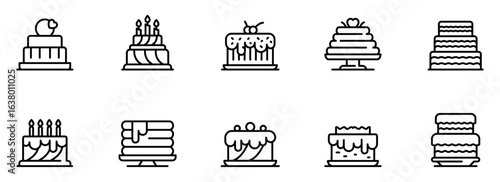 Collection of ten minimalist line art cake icons; celebratory, joyful, and perfect for bakery branding or dessert menus.