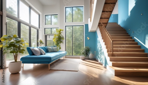 bright and inviting interior stairs with natural light streaming through windows in a modern home decorated in fresh blue tones and wooden accents