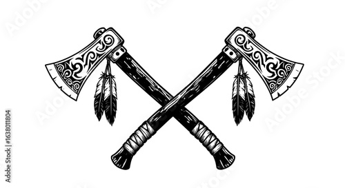 Crossed Tribal Tomahawks with Feathers