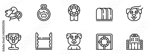Ten Simple Line Icons: Dog Training, Awards, Kennel, Vet Clinic, and Pet Accessories; Minimalist Black and White Style; Cheerful and Informative Design for Pet-Related Businesses.