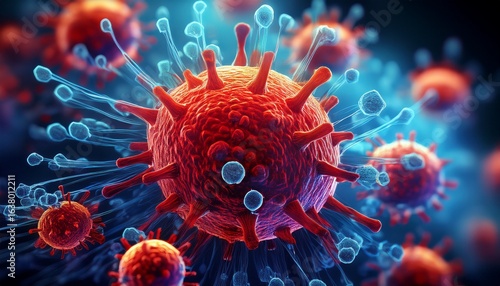 virus infection microscopic pathogen cell disease medical biology health science microorganism biology close up red blue