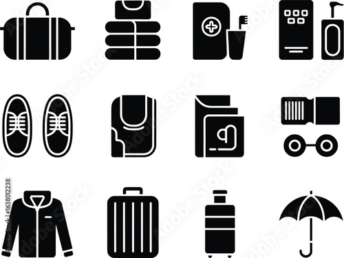 Collection of travel and vacation related icons in black silhouette