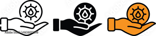 Water Management Hand Gear Drop Icon Set Sustainability Vector Black White Orange