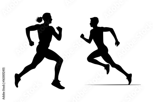 Runner silhouettes, black and white, different styles, flat design, vector illustration.