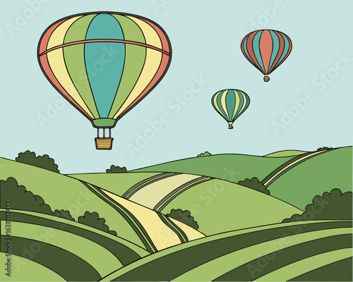 Prompt: Bright hot air balloons floating over rolling green hills under a sunny blue sky, cheerful and colorful vector illustration.
