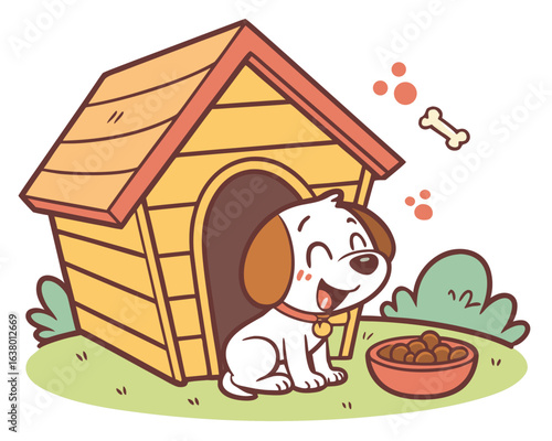 Prompt: Adorable cartoon puppy sitting happily in a small wooden dog house, with food bowl and bone nearby, bright and cheerful vector style for kids and pet lovers.

