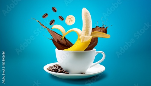 banana coffee splash in white cup on minimal blue background with flying banana slices and coffee beans concept of exotic coffee trends morning energy boost and creative ideas for cafe branding