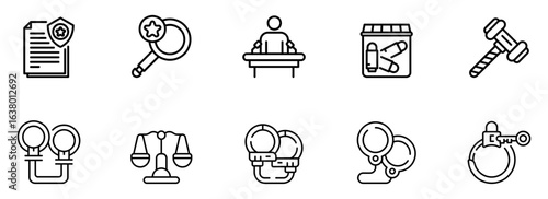 Line art icons: justice, law, legal system, crime, investigation, security, handcuffs, gavel, scales of justice, evidence, search, verdict, courtroom, police.