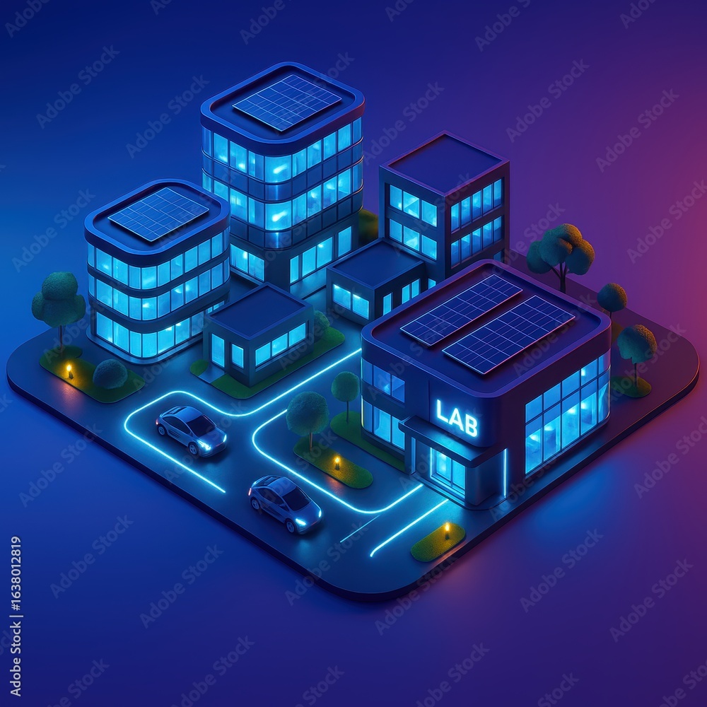 Obraz premium Futuristic Laboratory Complex With Solar Panels - Isometric 3D Illustration