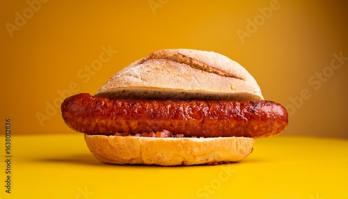 choripan sandwich of chorizo sausage on a crusty bread roll on yellow background popular street food straight off the grill popular in chile argentina uruguay and peru