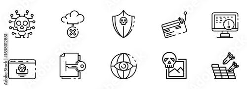 Cybersecurity Threat Icons:  A Collection of Line Art Graphics Depicting  Data Breaches, Malware, Phishing, and System Vulnerabilities.