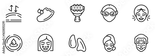 Collection of Minimalist Line Icons: Skincare, Beauty Treatments, Facial Massage, and Anti-Aging Procedures.