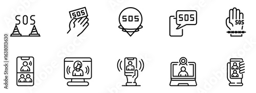 Modern SOS Icons: Emergency Alert System, Mobile & Online Communication, Vector Line Art, Minimalist Style, Urgent Mood.