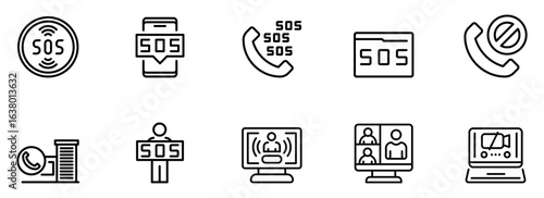 Collection of Minimalist Black Line SOS Icons: Emergency Alert, Phone Call, Digital Communication, and Help Request Symbols for Website or App Design.