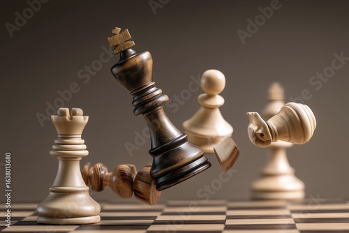 A chess game with a king falling down and breaking. It's a competition to see who has the best strategy.