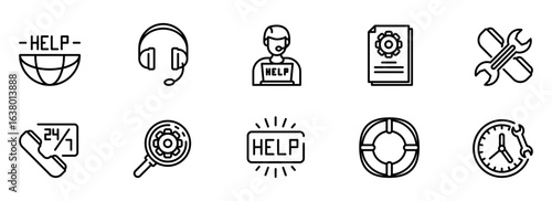 Global 24/7 Help Desk Support Icons:  Technical Assistance, Troubleshooting, and Customer Service Solutions in a Minimalist Line Art Style.