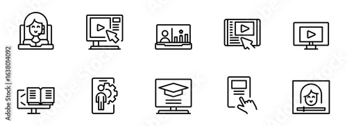 Online Education Icons:  Modern, Minimalist Line Art Style,  Positive and Approachable Mood,  Perfect for Websites and Educational Materials.