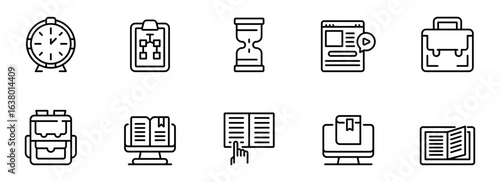 Modern Line Icons: Time Management, Education, and Online Learning Resources;  Clean, Minimalist Style;  Concept of Effective Study and Productivity.