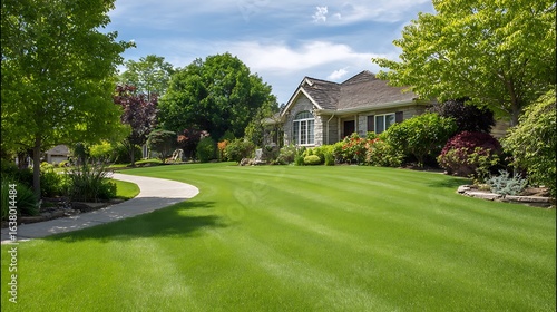Newly mowed lawn in a residential yard.