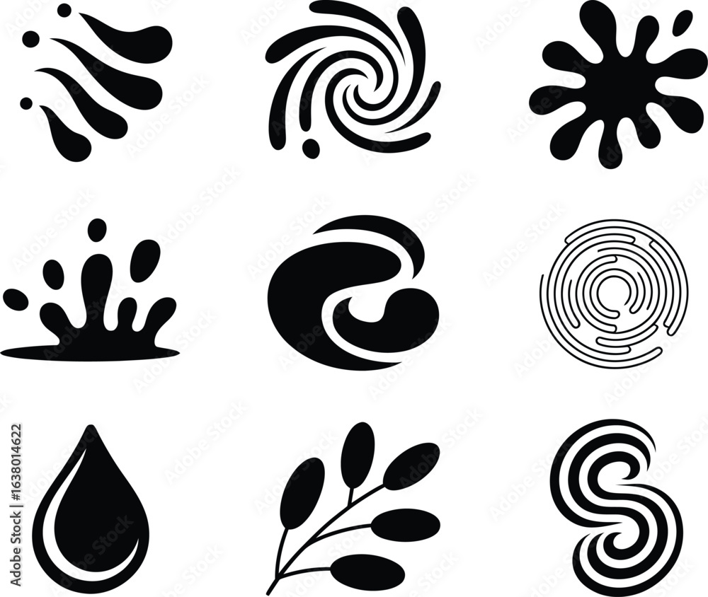 Fototapeta premium Collection of nine black and white abstract graphic symbols and icons