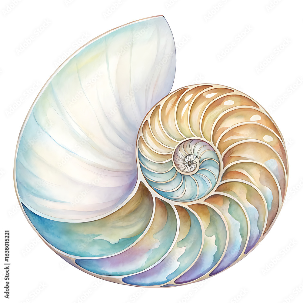 Obraz premium Elegant Watercolor Clip Art of a Nautilus Shell in Spiral Form, Nature Illustration, Serene Background