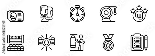 Boxing training icons:  Modern line art style,  motivational and competitive mood,  perfect for fitness, sports, and achievement concepts.