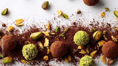Wallpaper Mural Pistachio chocolate truffles, dusted with cocoa powder, scattered on white background Torontodigital.ca
