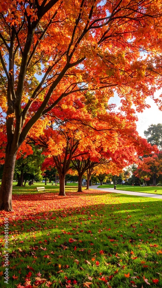 Naklejka premium Vibrant autumn foliage lines a sunlit park path, scattered leaves on the grass