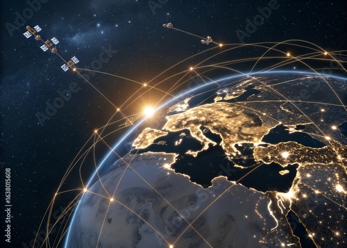 A stunning depiction of the globe at night illuminated by city lights showcasing advanced satellite communication networks and futuristic digital infrastructure