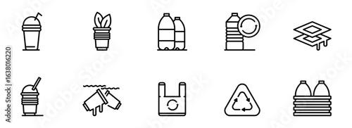 Collection of Minimalist Line Art Icons: Recycling Symbols, Plastic Bottles, Disposable Cups, and Sustainable Packaging Concepts.