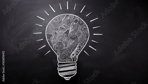black and white light bulb using doodle art on chalkboard background
