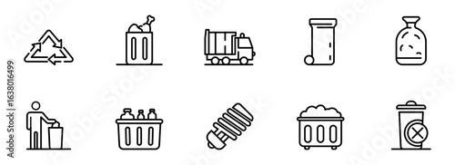 Waste Management Icon Set: Recycling, Trash Cans, Garbage Truck, and Refuse Disposal Symbols in Minimalist Black Line Art Style for Environmental and Sustainability Concepts.