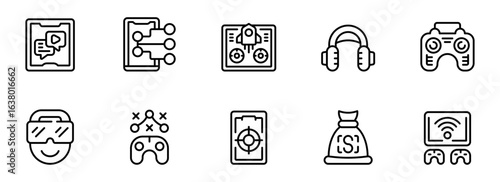 Modern Technology Icons:  Clean Line Art Style,  Gaming,  Virtual Reality,  Connectivity, and Finance Symbols for Website or App Design.