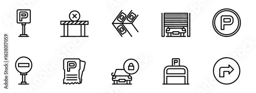 Parking Icon Set:  Modern Line Art Graphics for App Design, Website UI, and Signage, Featuring Parking Signs, Barriers, Tickets, and Secure Parking Symbols.