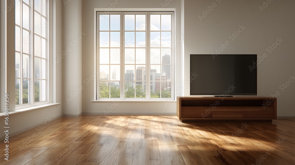 Empty room with large windows and a modern stand. Empty room with large windows and a modern stand.