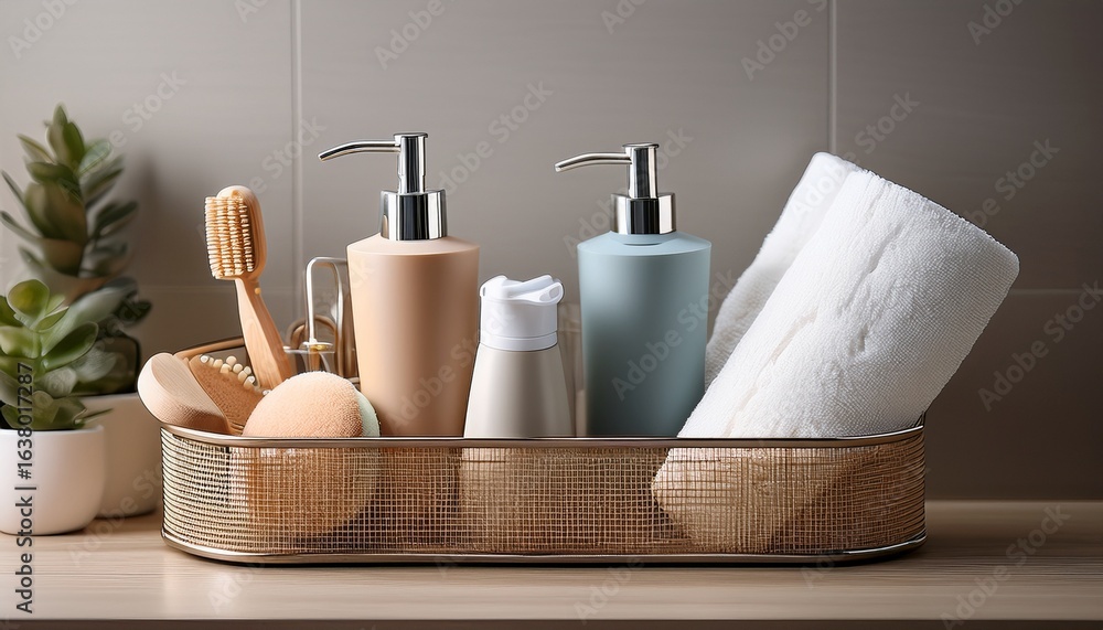 Naklejka premium this practical bathroom caddy holds essential toiletries including a lotion pump sponge and other items neatly arranged for easy access during morning routines or spa days at home