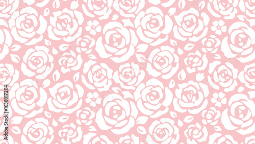 Seamless pattern of white roses and small flowers on a light pink background creating a floral design