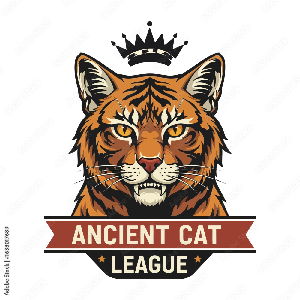 Fototapeta premium A tiger-like cat image with a crown and banner reading 
