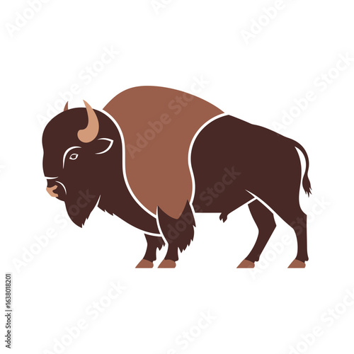 A stylized brown bison illustration stands facing left with horns and a shaggy coat.