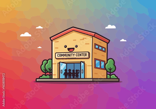 Cheerful community center building with open door welcome a variety of community members, representing inclusivity and shared spaces.