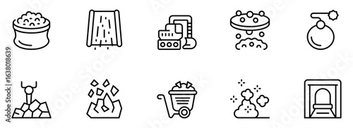 Mining and Excavation: A Collection of Ten Clean Line Icons Depicting Industrial Processes, Machinery, and Material Extraction for Commercial Use.