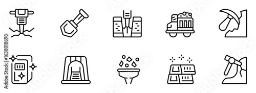 Mining Industry Icon Set:  Black and White Line Art Graphics for Website, App, or Presentation, Depicting Extraction, Transportation, and Refining Processes.
